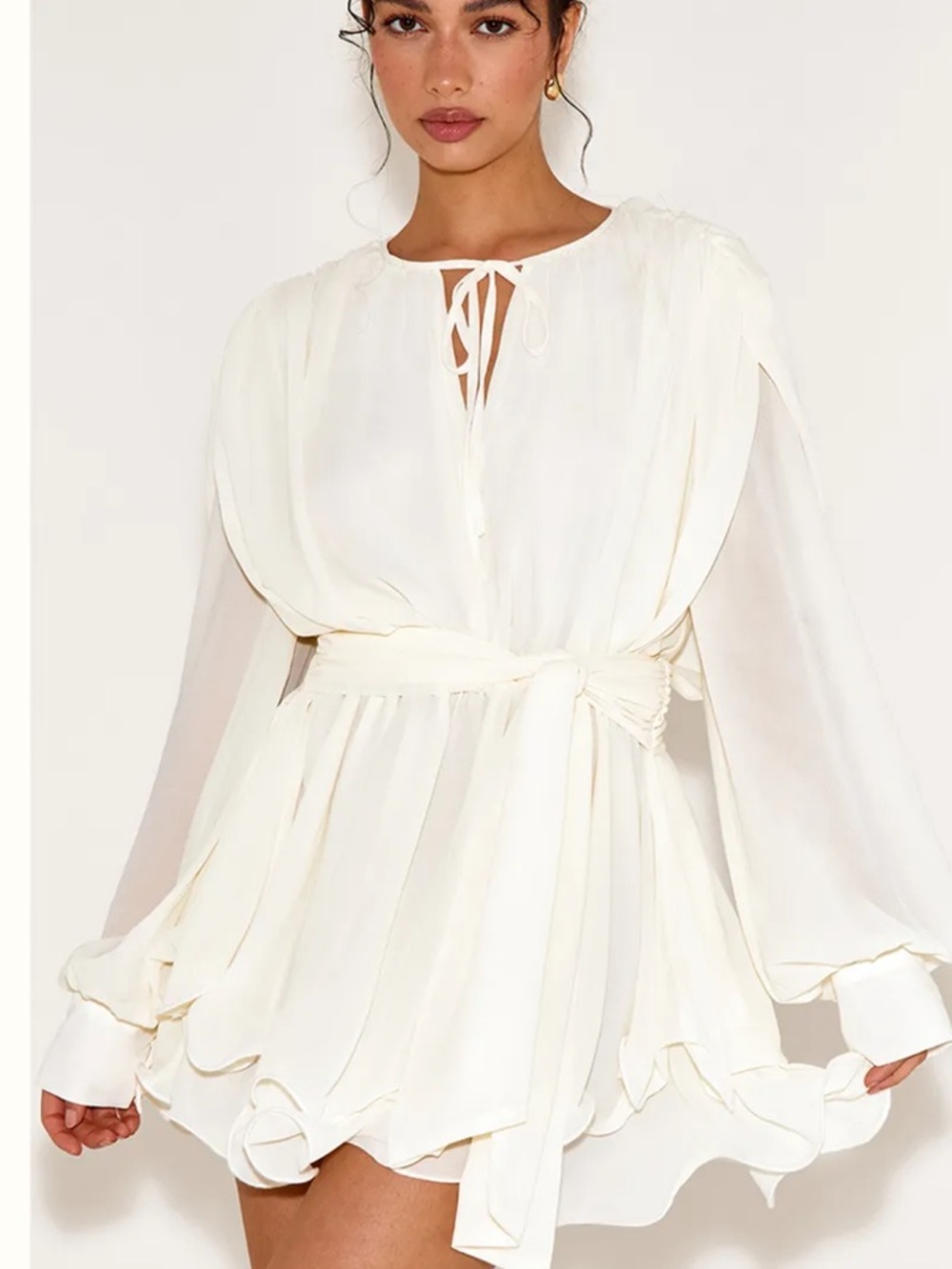 PrettyLittleThing Ivory Long Sleeve Tie-Waist Mini Dress
